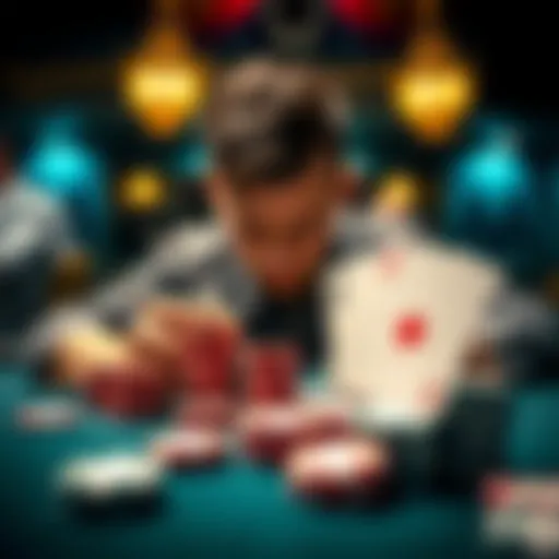 A player at a blackjack table looks anxious while staring at their cards and a large pile of chips in front of them, symbolizing high stakes and risk.