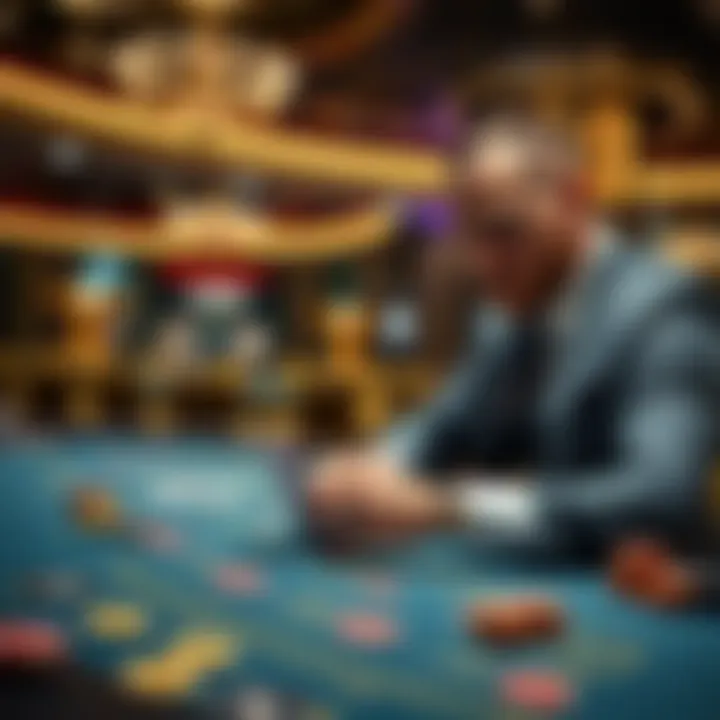 A focused player at a Blackjack table in Admiral Grand Casino, examining cards and chips