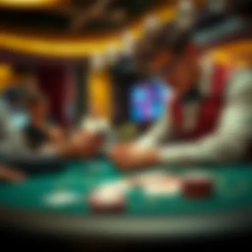 A focused player calculating their hand value and count at a blackjack table in a casino setting
