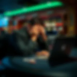 A distressed online blackjack player sits at a table with a laptop, head in hands, reflecting on a recent £4000 loss. The mood is tense and somber, showcasing the emotional strain of gambling losses.