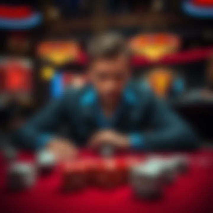 A Blackjack player looks disappointed at a casino table, surrounded by dice showing the number seven.