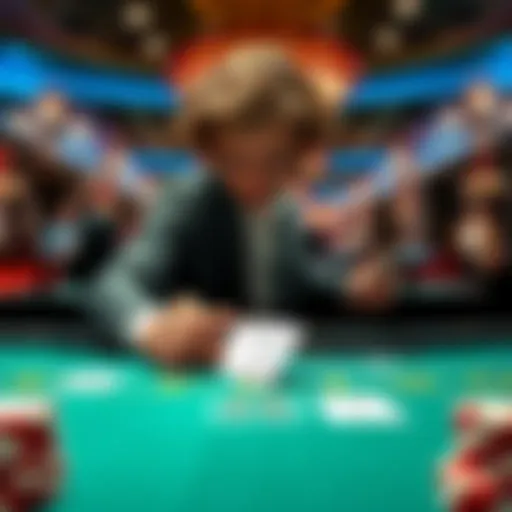 A person at a blackjack table considering a split move with cards showing 10s and a dealer in the background