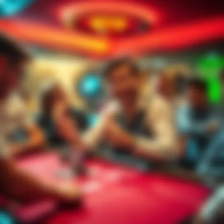 A quirky blackjack player at a casino table, smiling and holding chips after making unusual bets, surrounded by surprised friends