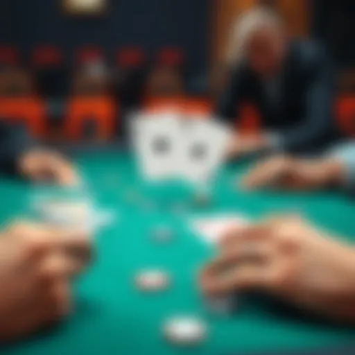 A pair of cards is split on a green felt blackjack table. Players are focused on their hands, considering their next moves. Chips are placed in front of them.