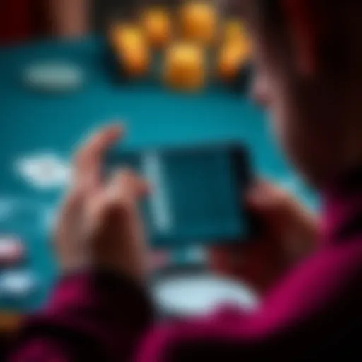 A person using a Blackjack strategy app on a smartphone, focusing on game tactics and tips.
