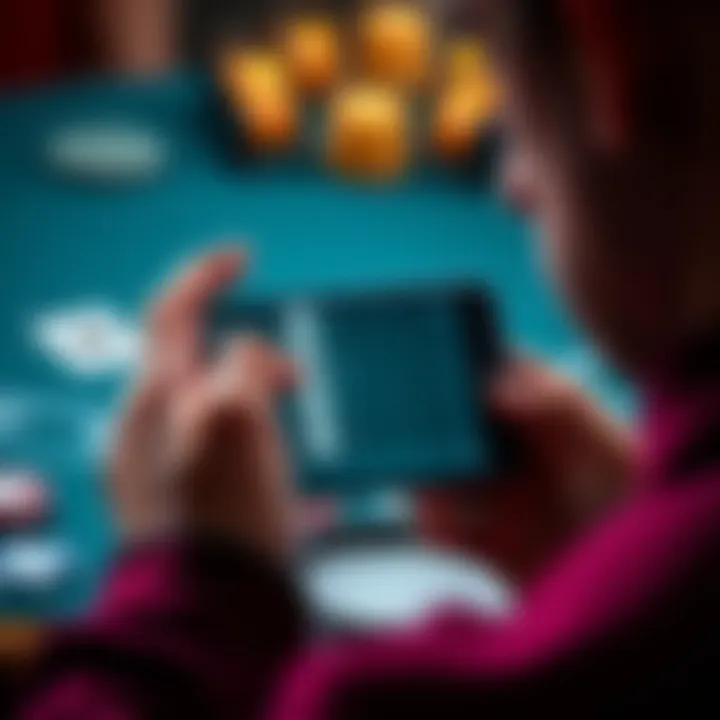 Blackjack Strategy App on a Smartphone A person using a Blackjack strategy app on a smartphone, focusing on game tactics and tips.