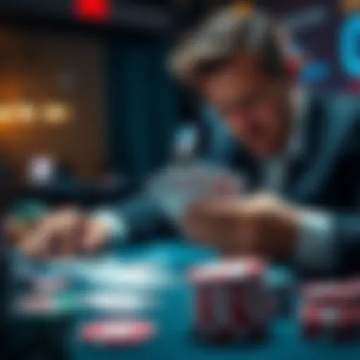 A person analyzing their cards while playing blackjack, focusing on strategy with a dealer's card showing over 7.