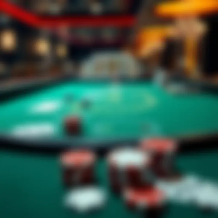 A close-up of a blackjack table with cards and chips, set in a dimly lit casino environment, highlighting the popular game now banned in California.