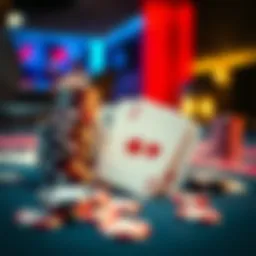 Close-up of poker chips and cards on a blackjack table, highlighting the tension of a game