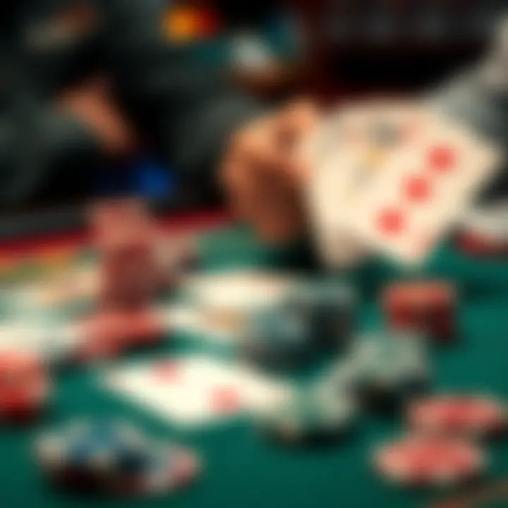 A table with blackjack cards and chips, showing a player's hand in focus while the dealer's cards are partially visible.