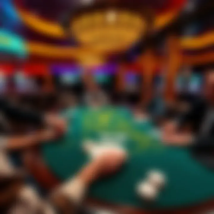 A lively blackjack table at a casino in Atlantic City with players and cards
