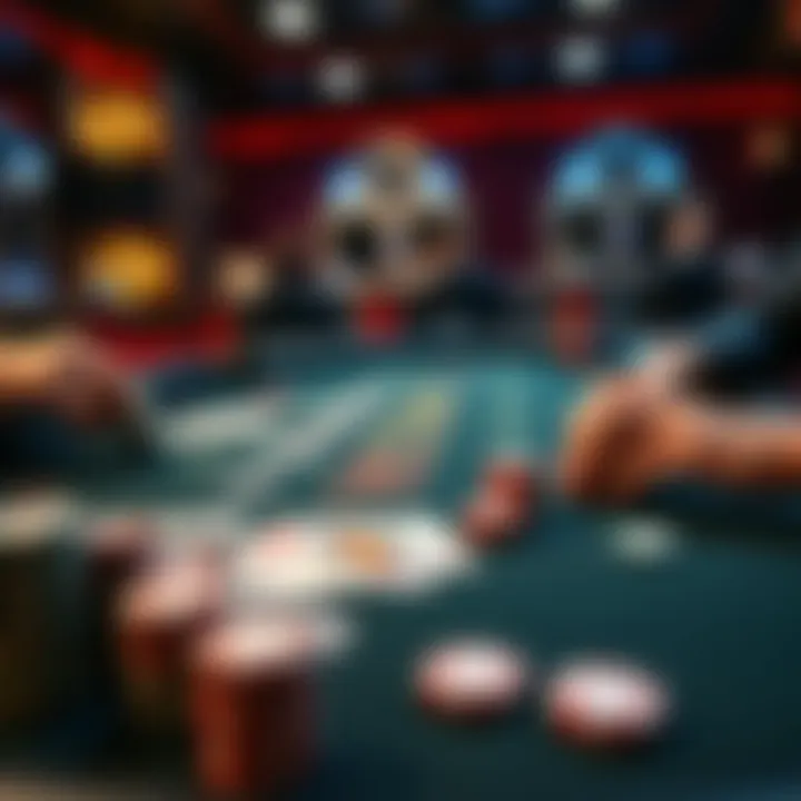 A Blackjack table showing cards and chips, highlighting a tense moment for players, with one player considering their next move