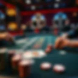 Blackjack table with cards A Blackjack table showing cards and chips, highlighting a tense moment for players, with one player considering their next move