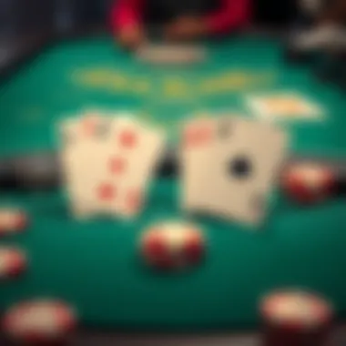 Blackjack Table with Cards A blackjack table displaying two hands of cards, one representing the player and the other the dealer, highlighting winning and losing scenarios.