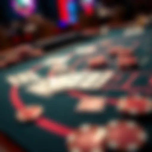 A close-up of a blackjack table showing cards and chips, illustrating a game scenario