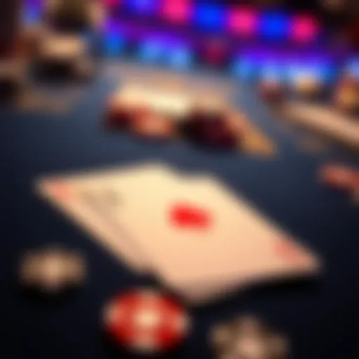 A close-up of a blackjack table showing cards including an Ace and a set of numbered cards