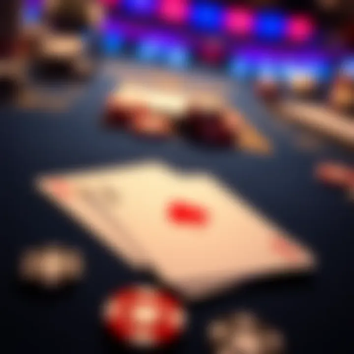 A close-up of a blackjack table showing cards including an Ace and a set of numbered cards
