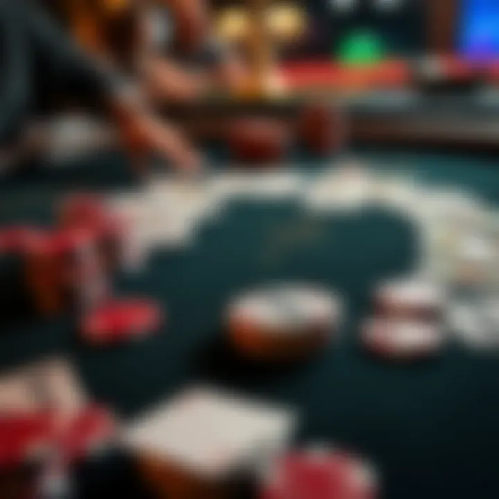 A close-up of a blackjack table showing cards and chips, highlighting a player deciding their next move based on the dealer's hidden card.