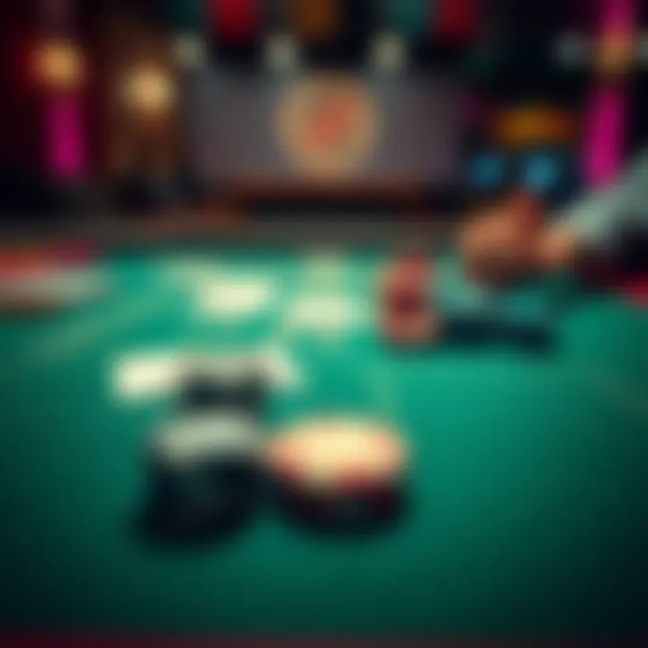 A close-up of a blackjack table showing cards and poker chips, highlighting a tense moment during a game.