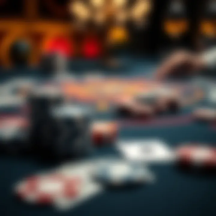 A close-up view of a blackjack table showing cards and chips stacked, illustrating the excitement and risks of the game.