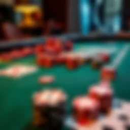A close-up view of a green felt blackjack table with playing cards and poker chips arranged on it.