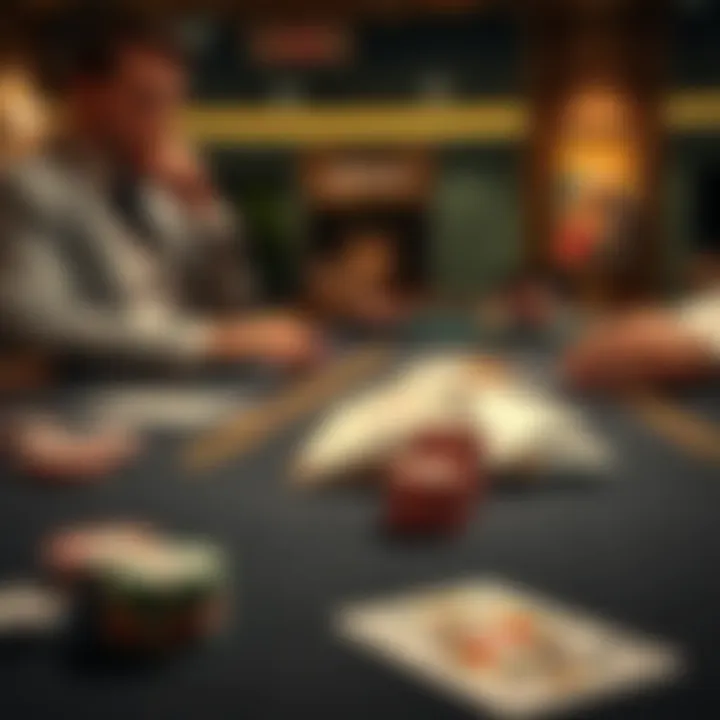 A close-up of a blackjack table showing cards, chips, and a player thinking about their next move