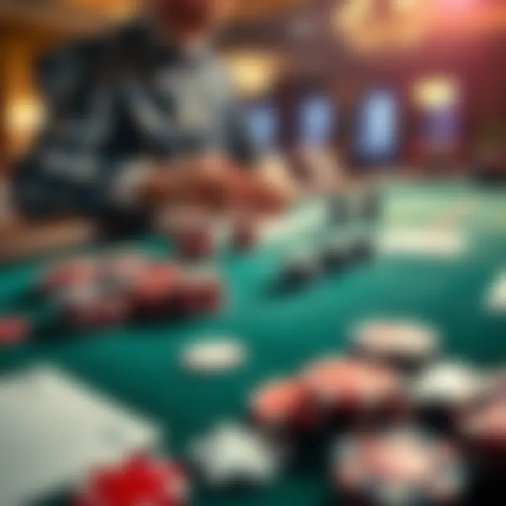 A close-up view of a blackjack table showing playing cards, chips, and a focused player making decisions