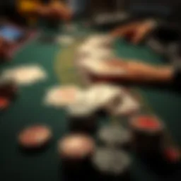 A close-up of a Blackjack table featuring cards and betting chips, illustrating a player's struggle with losses.