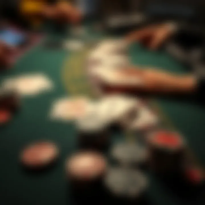 Blackjack table with cards and chips A close-up of a Blackjack table featuring cards and betting chips, illustrating a player's struggle with losses.