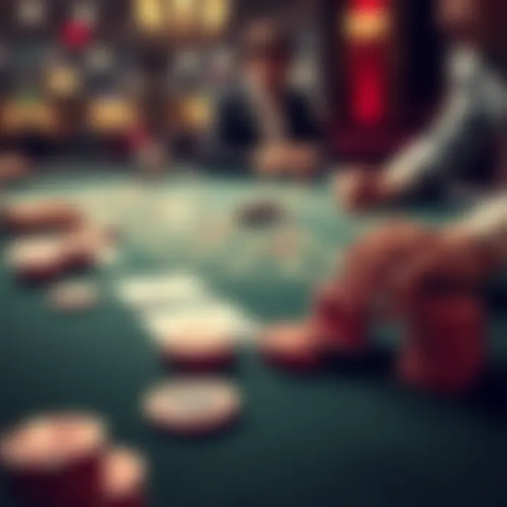 A close-up of a blackjack table featuring a dealer and players with chips and cards laid out