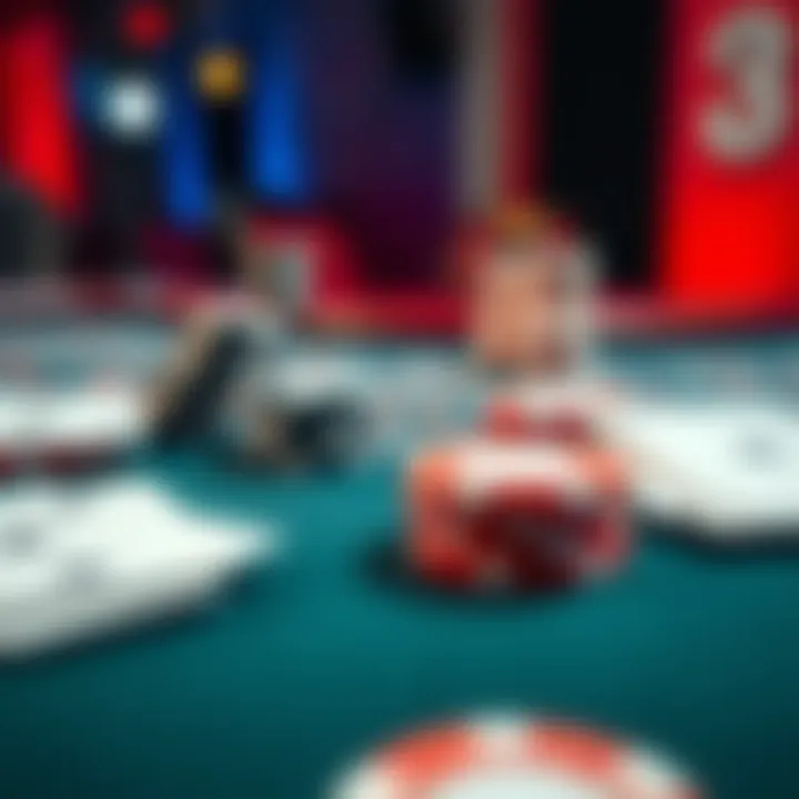 A close-up view of a blackjack table featuring chips and playing cards, illustrating the game in action.