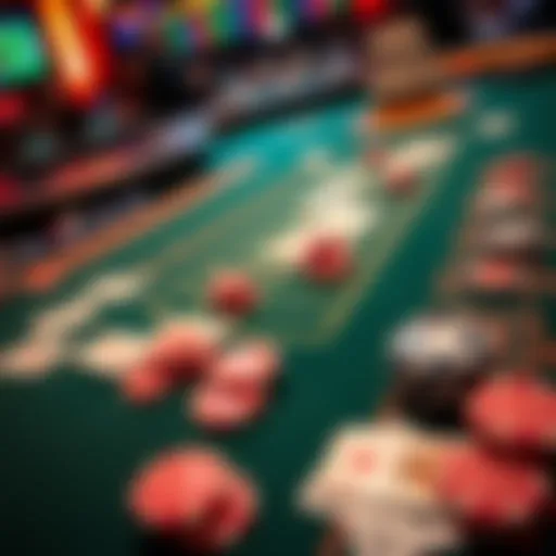 A close-up of a blackjack table showing cards, chips, and a dealer ready for action.