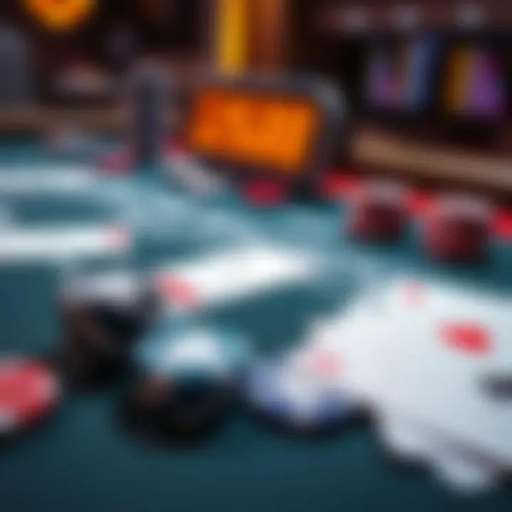 A close-up view of a blackjack table featuring cards and chips, showing a high score on the board