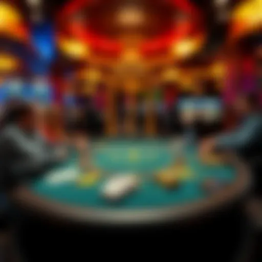 A vibrant blackjack table with players in an Oklahoma casino, showcasing cards and chips during a game.