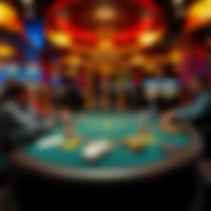 A vibrant blackjack table with players in an Oklahoma casino, showcasing cards and chips during a game.