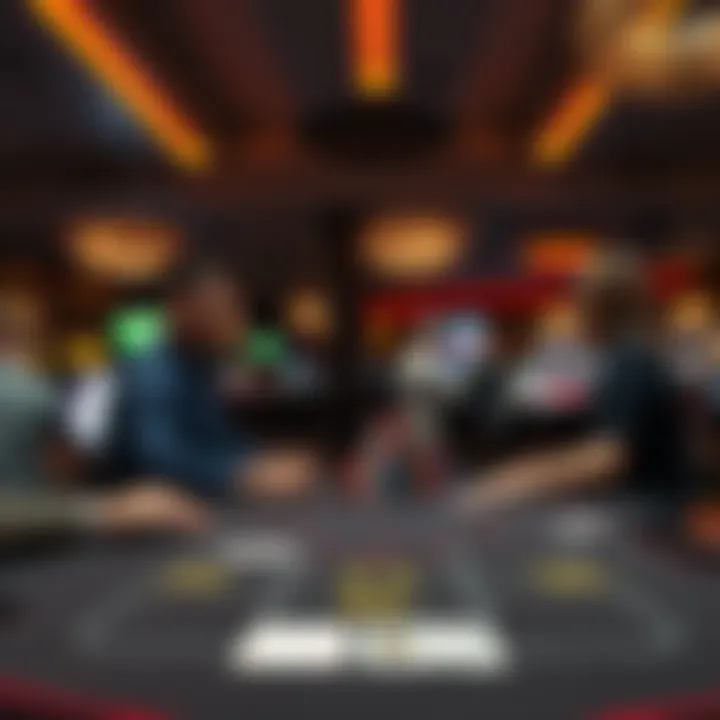 A few people gather around an empty Blackjack table in a casino, observing the game.