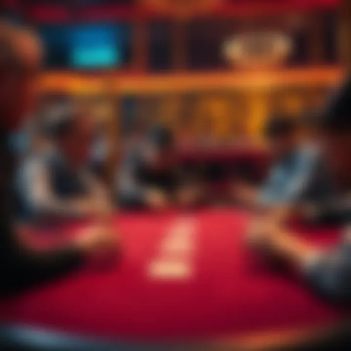 A group of players at a blackjack table, one player confidently makes a decision while others watch.