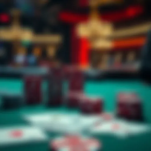 A dramatic scene of a blackjack table showing stacks of chips and playing cards, capturing a player’s intense moment at the casino