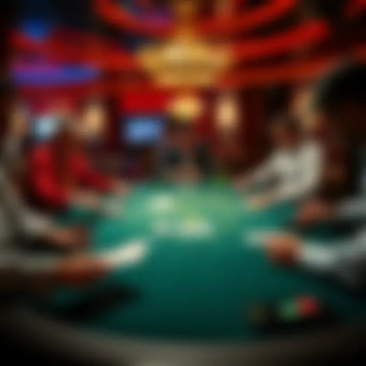 Blackjack table with players and cards A lively casino scene showing players at a blackjack table, focused on their cards and chips, with a dealer in action.