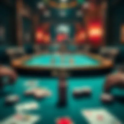 A blackjack table with cards and chips, showing a player contemplating their next move.