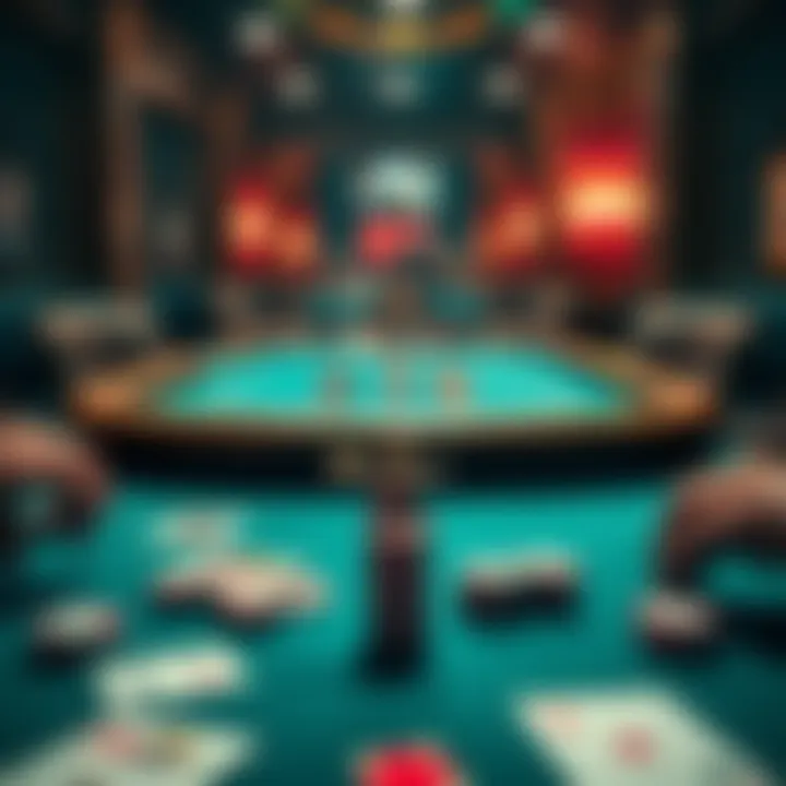 A blackjack table with cards and chips, showing a player contemplating their next move.