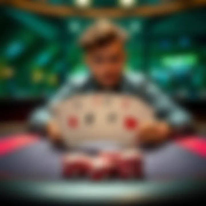 A player at a blackjack table with four aces split on the table, looking surprised as the dealer refuses to let him draw more cards.