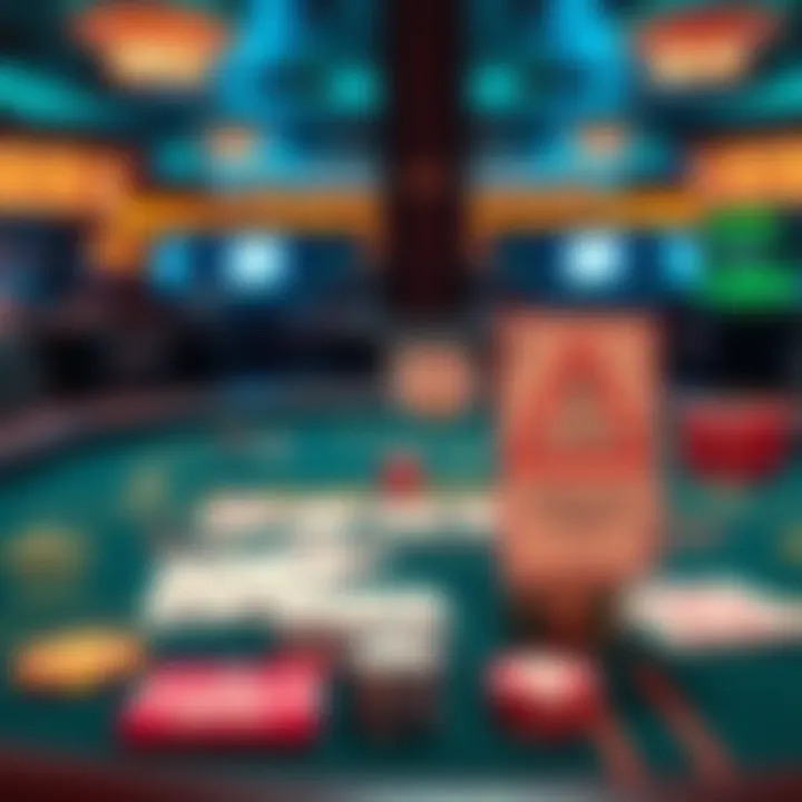 A blackjack table with playing cards and a warning sign indicating illegalization of blackjack games in California