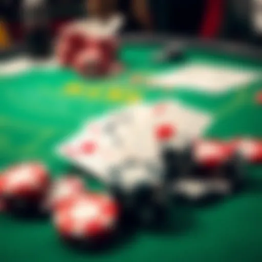 Blackjack table with cards and chips A Blackjack table featuring playing cards and poker chips, illustrating the game strategy and excitement