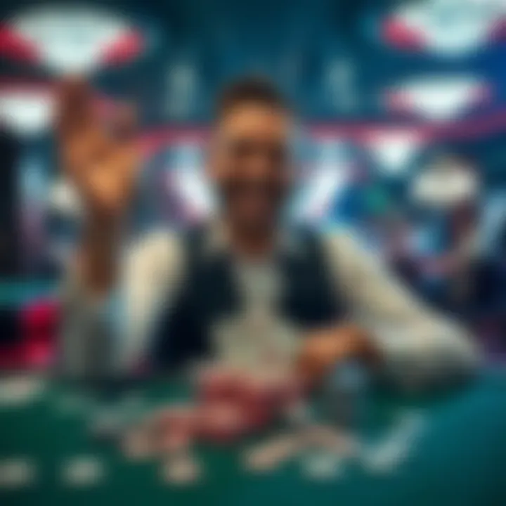 A player with a big smile celebrating a $600 blackjack win at a casino table, surrounded by chips and cards.