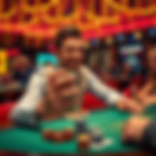 A happy player holding a stack of chips, celebrating a big Blackjack win at the table, with a festive atmosphere around them.
