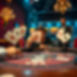 Blackjack table with winning cards A player celebrating a winning streak at a blackjack table with cards showing victories, while a surprised dealer watches.