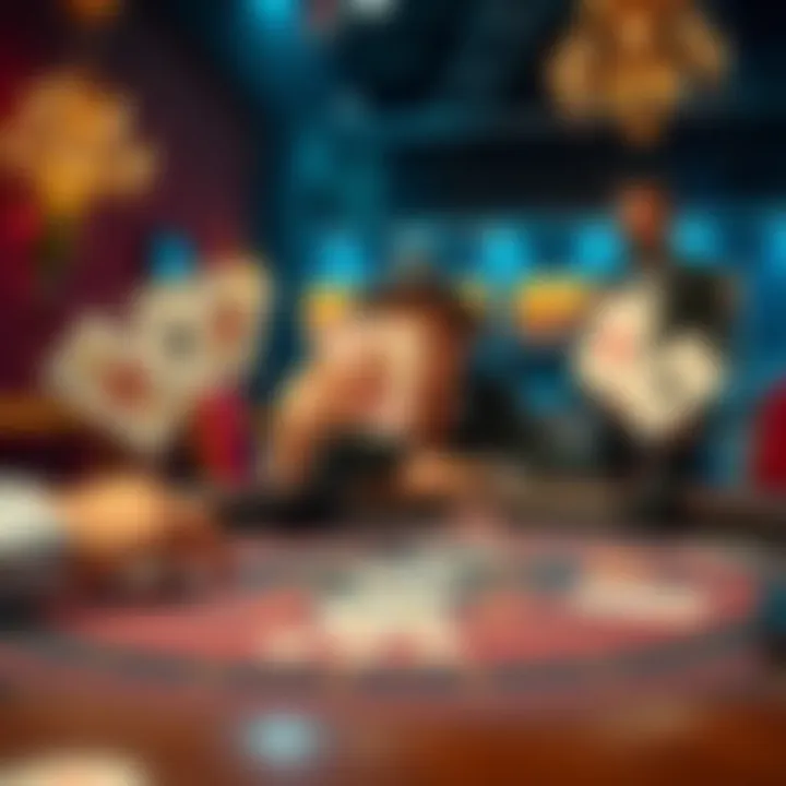 Blackjack table with winning cards A player celebrating a winning streak at a blackjack table with cards showing victories, while a surprised dealer watches.