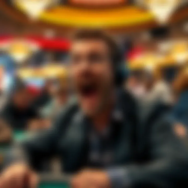 Blez, a commentator at the WSOP event, speaking animatedly with an exaggerated expression, surrounded by poker tables and players looking on.