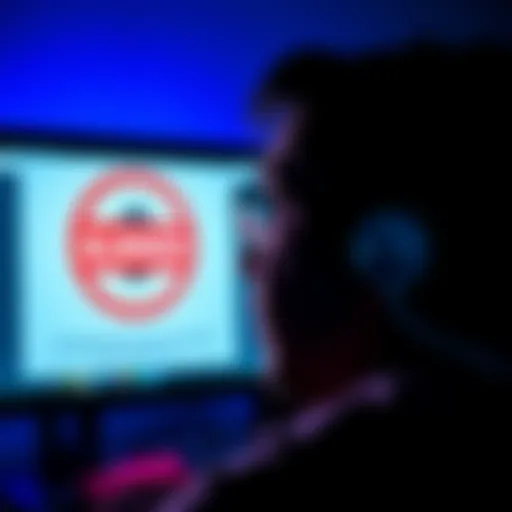 A frustrated person looking at a computer screen displaying a blocked account message, with a focus on a dollar symbol representing the frozen funds.